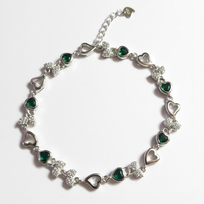 Emerald Bow Hearts 925 Bracelet