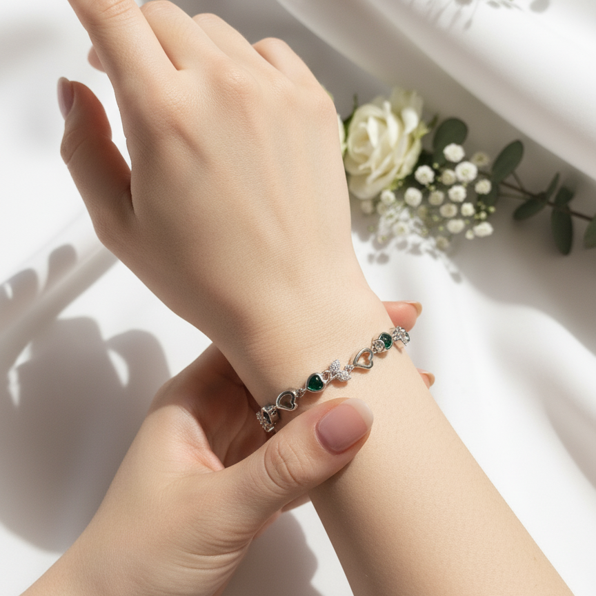 Emerald Bow Hearts 925 Bracelet