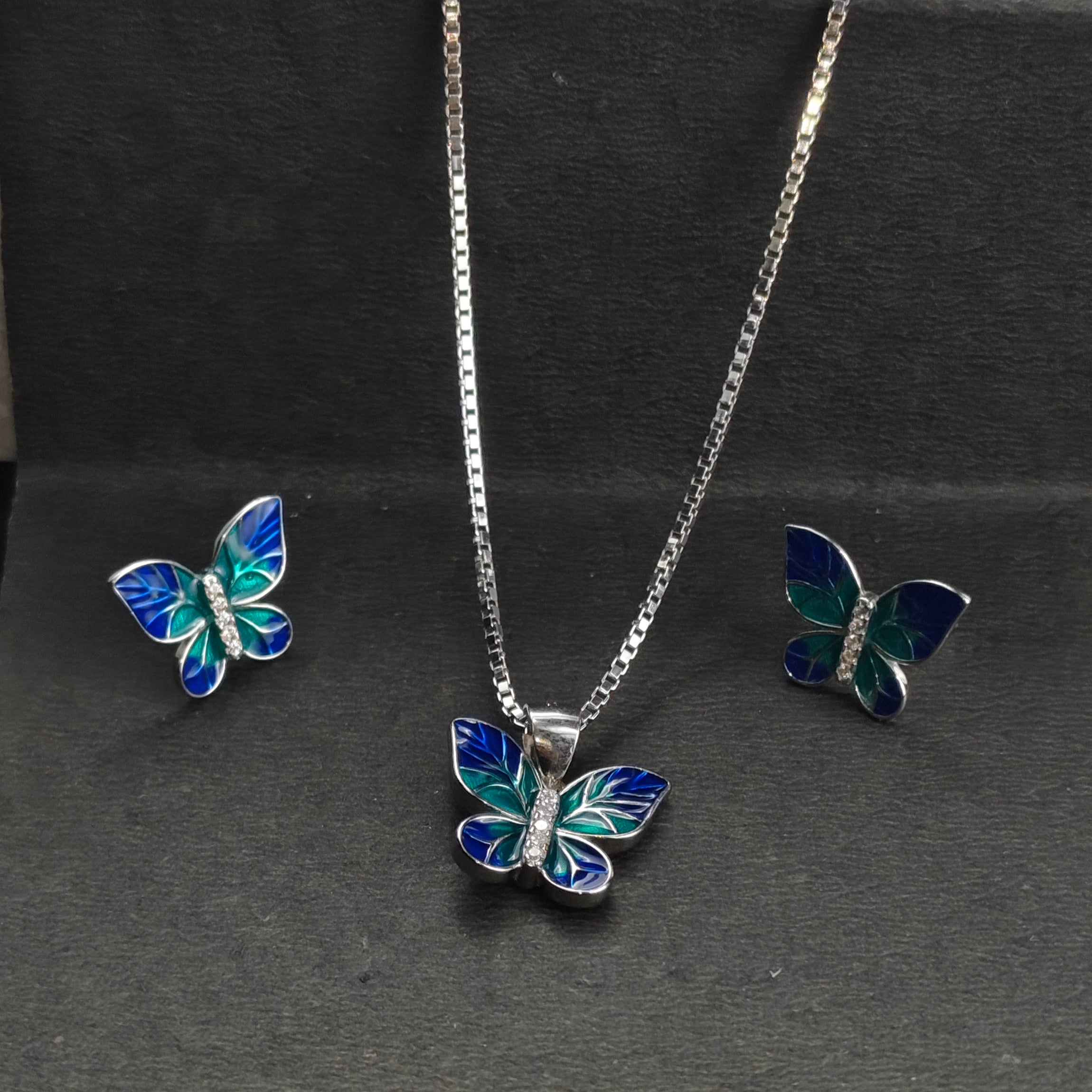 Blue Butterfly Enamel Jewelry Set